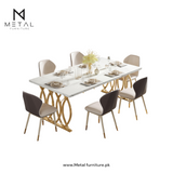 Western Style Modern Wooden Luxury Rectangular Dining Table – 4 to 6 Seater, White and Gold Marble Finish