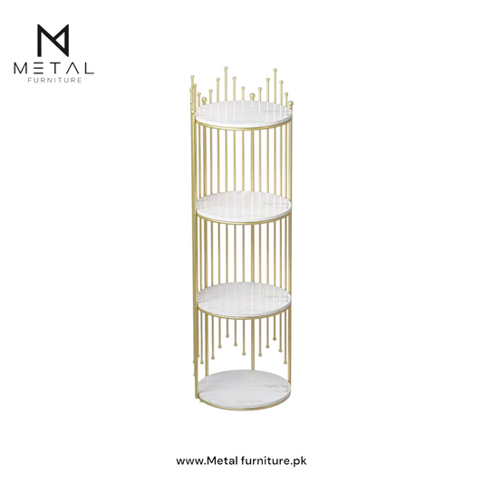 Royal Crown-Inspired Four and Three-Tier Gold Display Rack with Marble Texture Finish Shelves – Modern Luxury Organizer Stand for Salons, Boutiques, and Home Decor
