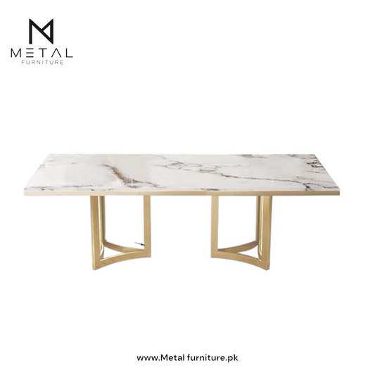 Dining Table for 6 person , for Kitchen & Dining Room, Luxury White Marble texture sheet Table Top with Gold metal frame(Dining Table Only)