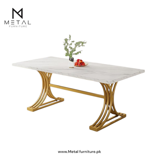 Rectangular Dining Table for 4 to 6, White Gold Kitchen Tables for Dining Room, Modern Dinner Table with Marble texture Top and Stylish Metal Legs (Only Dining Table)