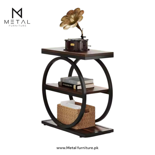 Three-Tier Wooden Shelves Framed in Bold Black Rings, Ideal for Living Room Elegance, Book Storage, and Coffee Moments 3 Storage Shelves