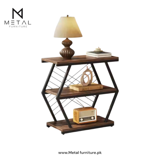 Three-Tier Wooden Shelve, Black frame wooden marble texture top Perfect for Living Room Storage, It a Stylish and Functional Addition to Contemporary Home Spaces."