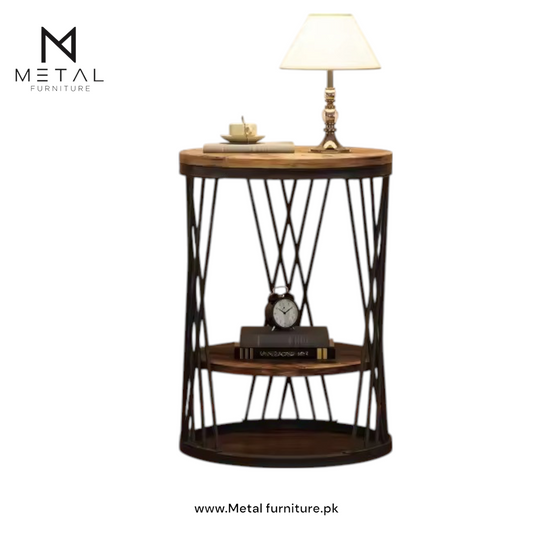 Round Elegance with Dual Wooden Shelves and Artistic Metal Frame, Ideal for Living Room, Perfect for Books,