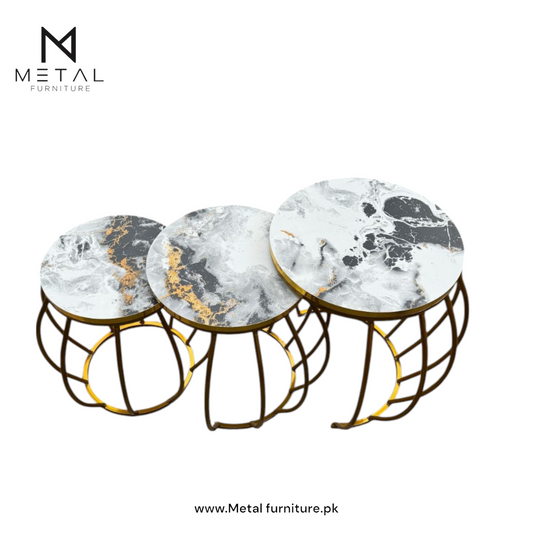 New elegant design 3 pc round nesting table set with wooden marble texture top and metal frame for living room