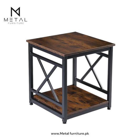 Triangle shape Frame Side Table Wooden Accent Table with Geometric Metal Design, 2-Tier Storage Elegant and Functional Home Styling."