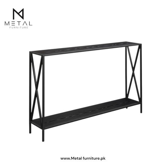 Black Metal Frame with Dual Shelves and Crossed Side Design, Perfect for Entryways, Hallways, or Behind Sofas