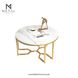 2-Piece Living Room Center Table with White Wooden Marble Texture Sheet Top Metal Base
