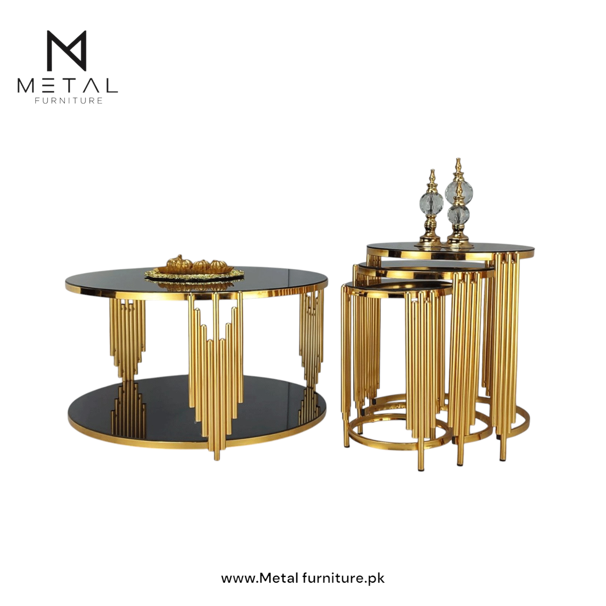 Luxury Gold Metal Frame Center Table + Nesting Tables – Set of 4 (Wood ...