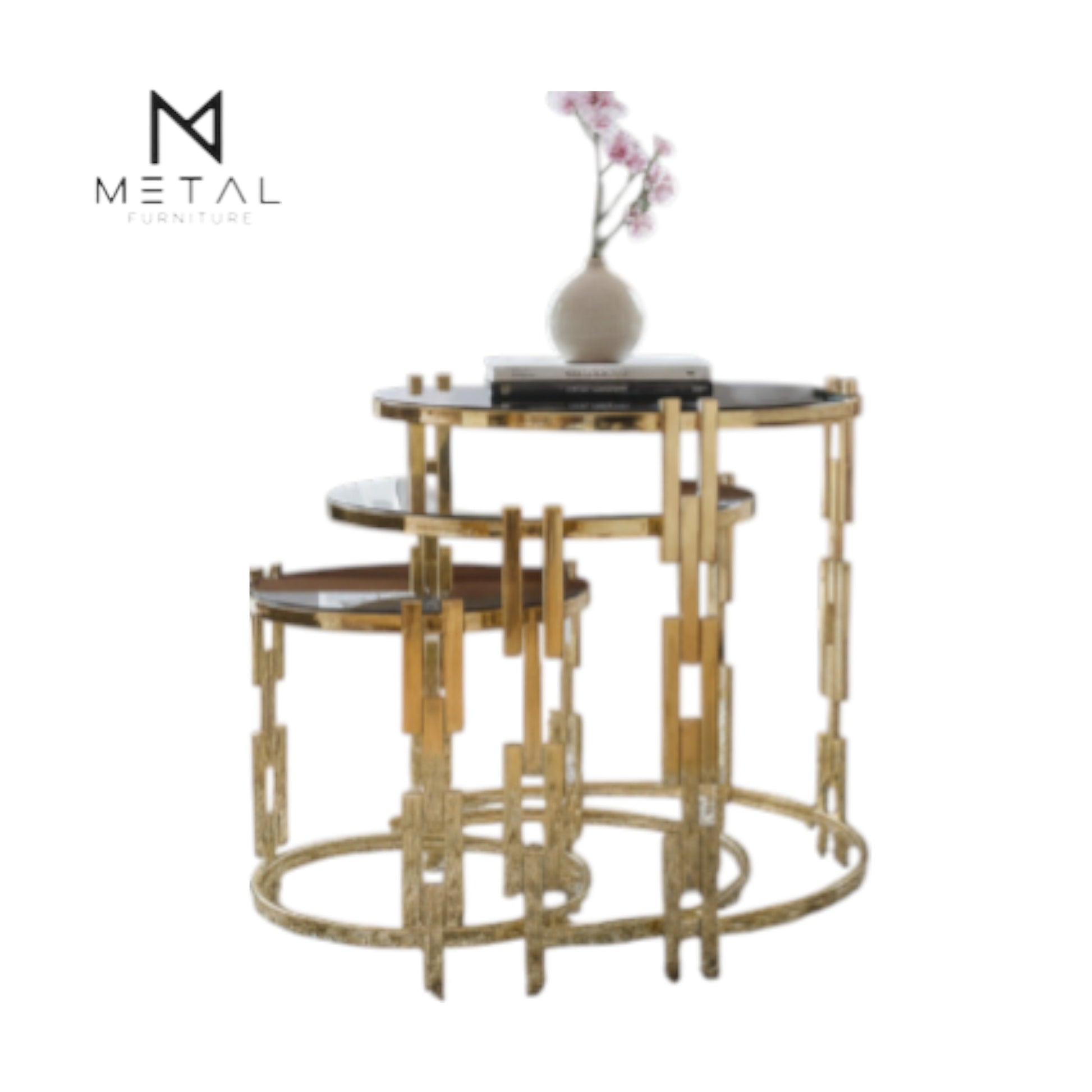 Modern golden nesting tables with glass tops and metal frames, ideal for stylish home décor.