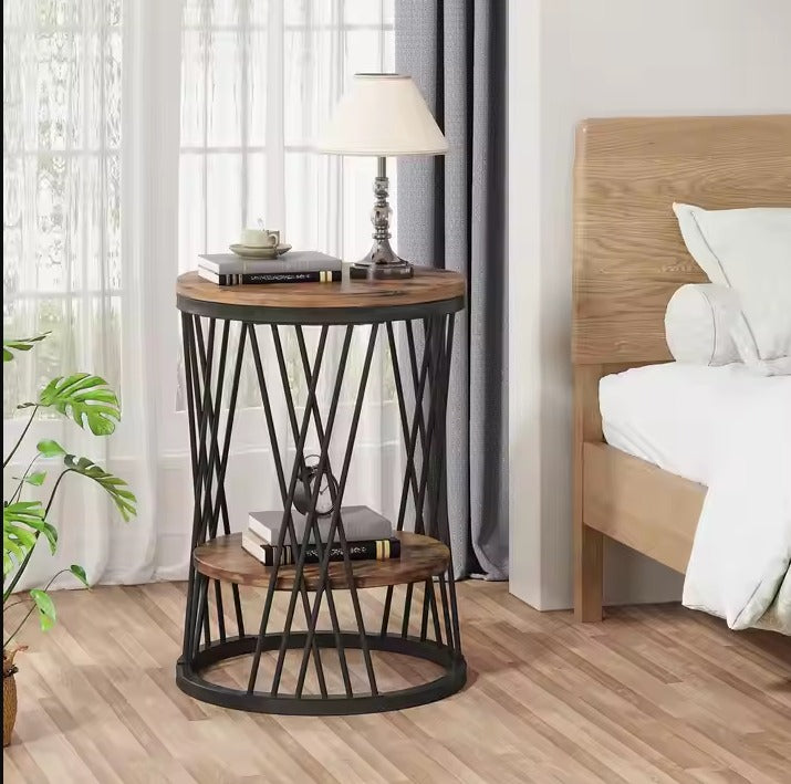 Round Elegance with Dual Wooden Shelves and Artistic Metal Frame, Ideal for Living Room, Perfect for Books,