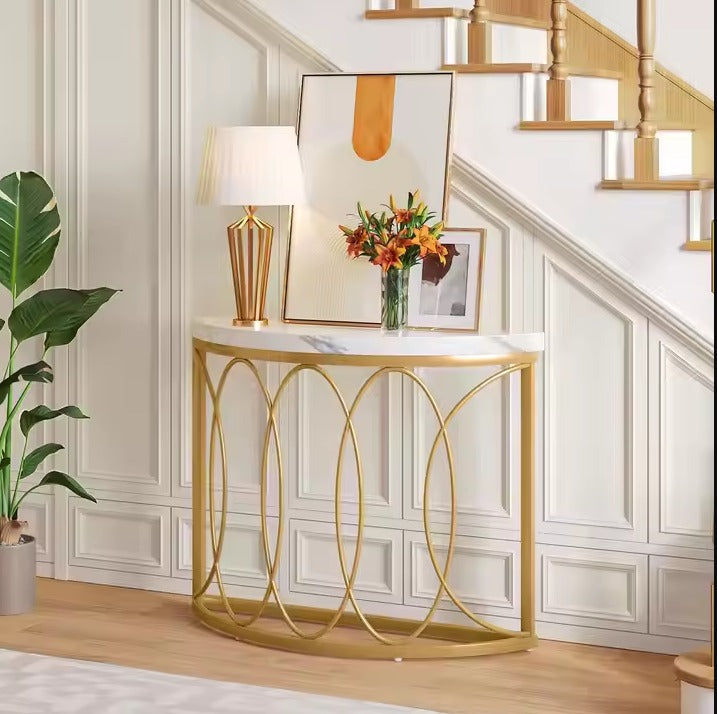 Beautiful White top Gold Frame Console Table  Half Moon Sofa Entryway Desk for Living Room Antique Display