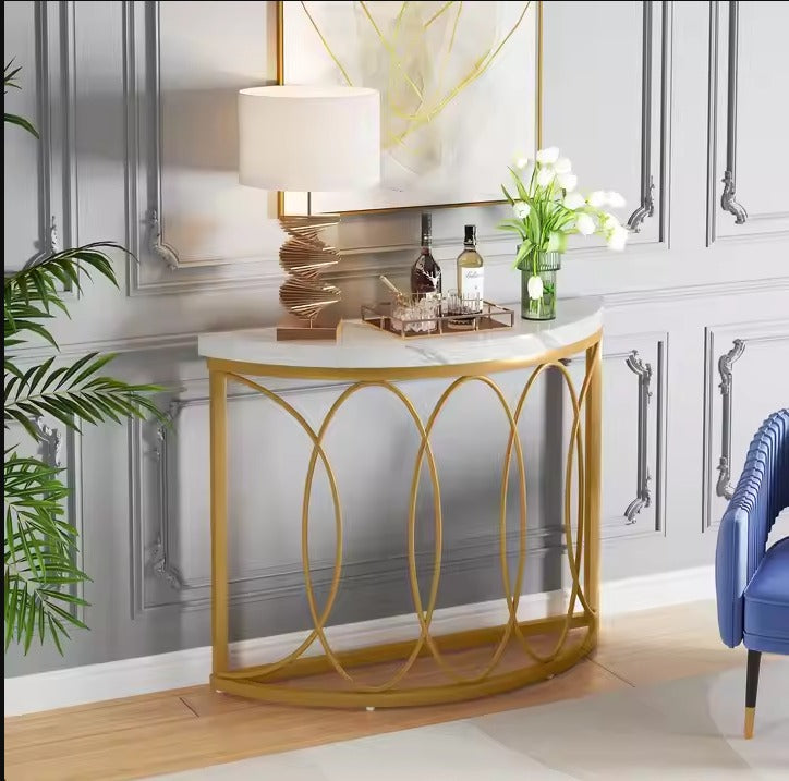 Beautiful White top Gold Frame Console Table  Half Moon Sofa Entryway Desk for Living Room Antique Display