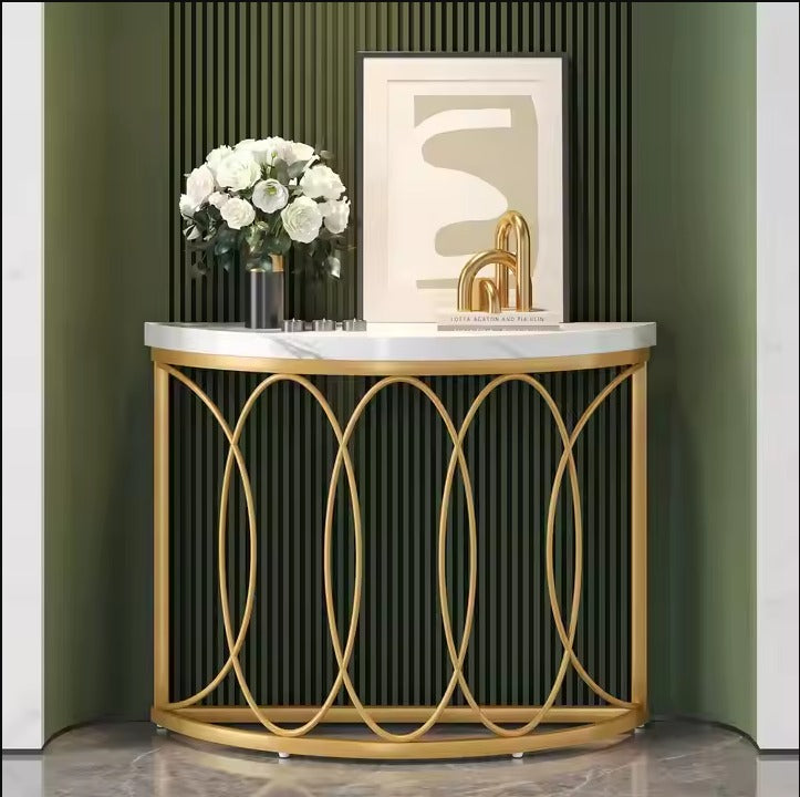 Beautiful White top Gold Frame Console Table  Half Moon Sofa Entryway Desk for Living Room Antique Display