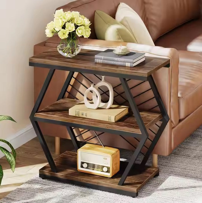 Three-Tier Wooden Shelve, Black frame wooden marble texture top Perfect for Living Room Storage, It a Stylish and Functional Addition to Contemporary Home Spaces."