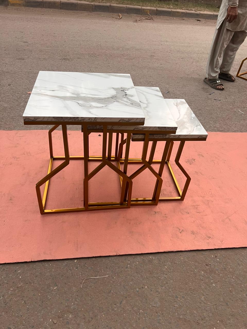 Contemporary Golden Metal Frame Nesting Tables with High-Quality Marble Texture Tops Premium Interior Styling