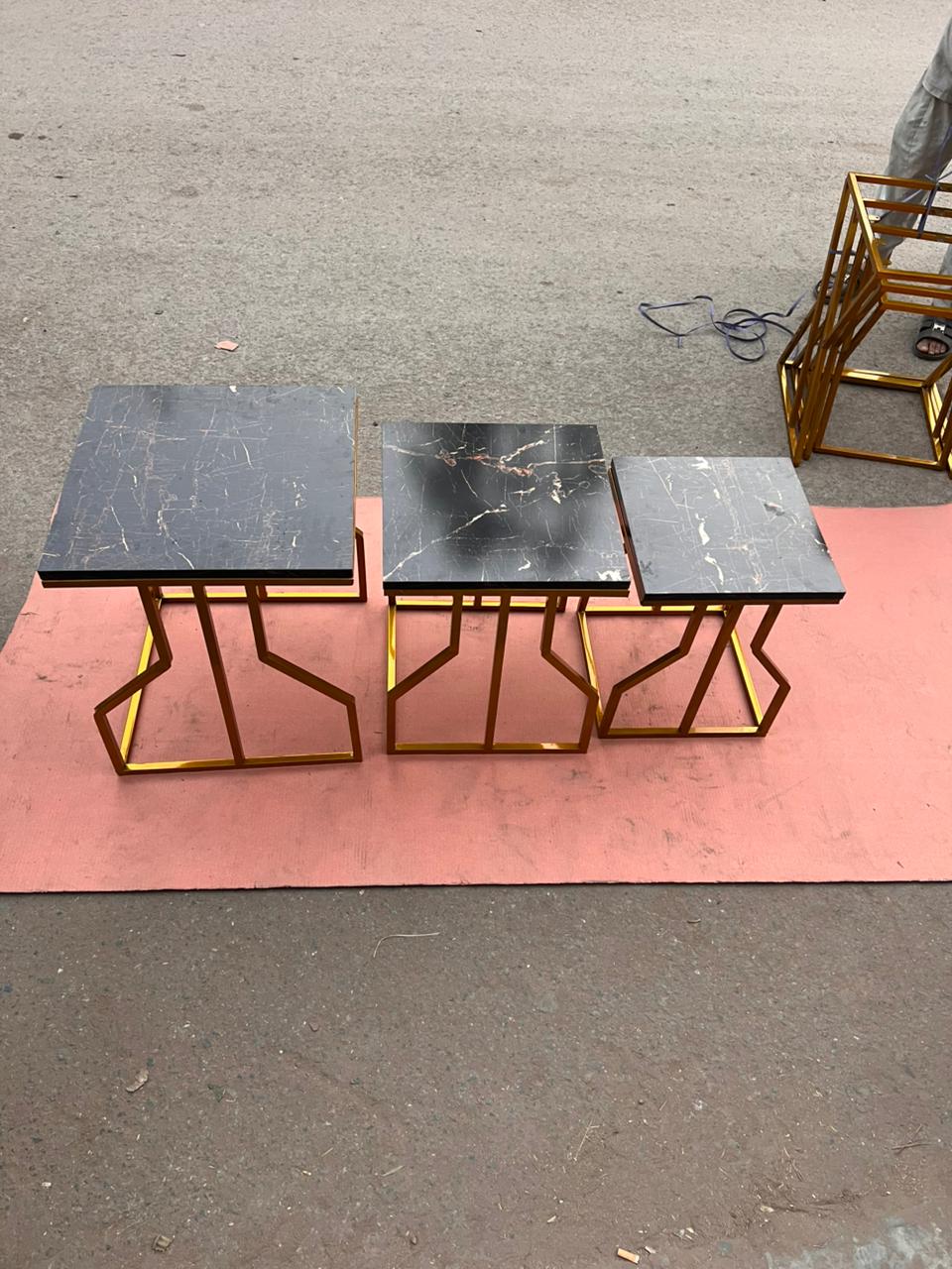 Contemporary Golden Metal Frame Nesting Tables with High-Quality Marble Texture Tops Premium Interior Styling