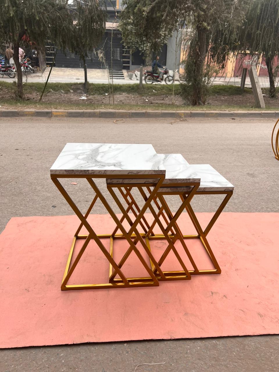 Luxury Modern Marble Top Nesting Table Set with Golden Metal Zigzag Frame – Premium Space-Saving Side Tables for Living Room