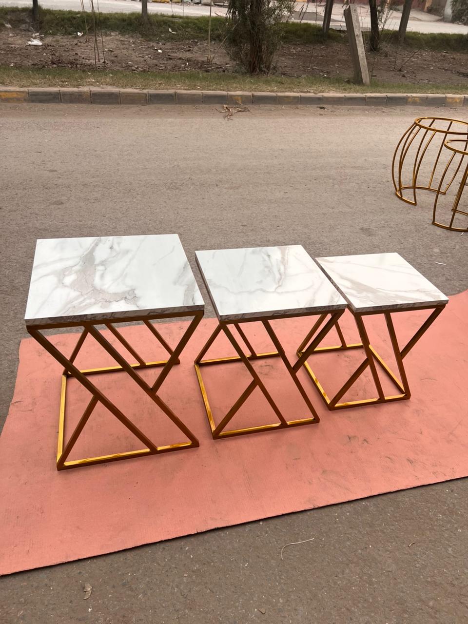 Luxury Modern Marble Top Nesting Table Set with Golden Metal Zigzag Frame – Premium Space-Saving Side Tables for Living Room