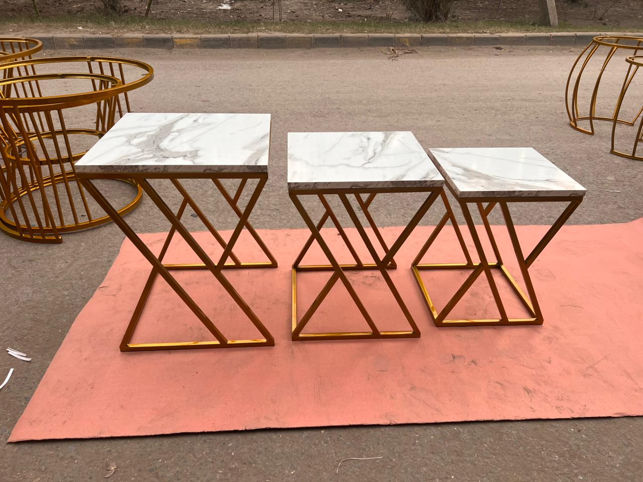 Luxury Modern Marble Top Nesting Table Set with Golden Metal Zigzag Frame – Premium Space-Saving Side Tables for Living Room