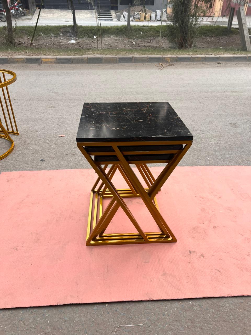 Luxury Modern Marble Top Nesting Table Set with Golden Metal Zigzag Frame – Premium Space-Saving Side Tables for Living Room