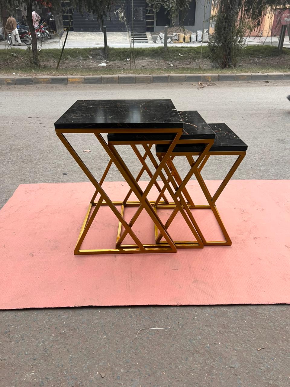 Luxury Modern Marble Top Nesting Table Set with Golden Metal Zigzag Frame – Premium Space-Saving Side Tables for Living Room