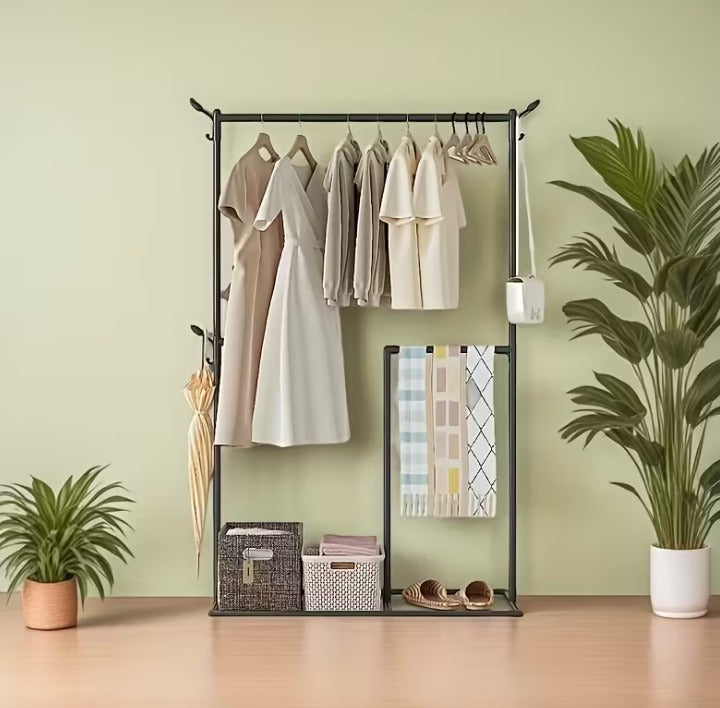 Multi-Functional Clothes & Hat Rack Stand with Hooks for Bags, Scarves, Umbrellas – Home Storage Organizer with Box Shelf – Space Saving Design