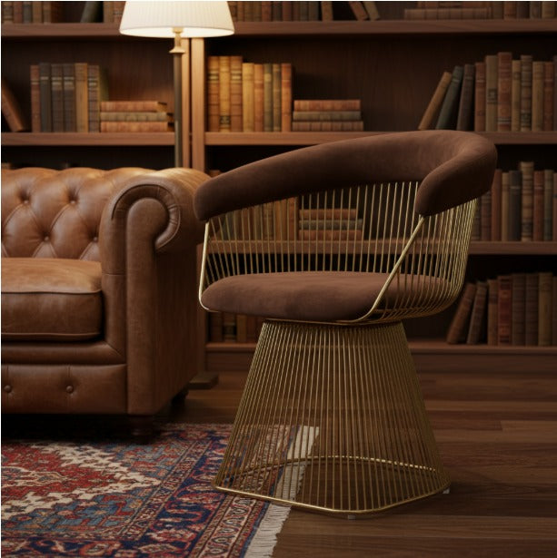 Modern luxury metal accent chair with a gold frame, designed for stylish living rooms by Metal Furniture.