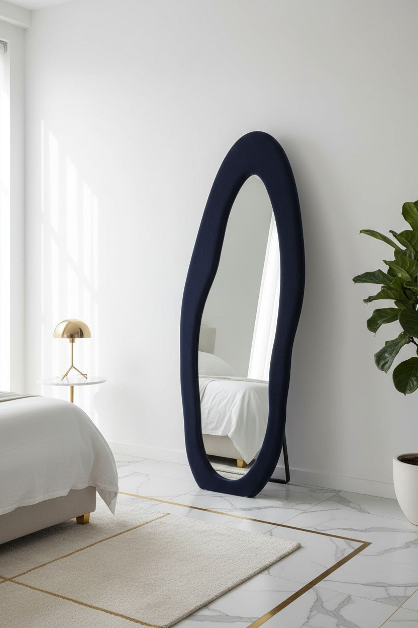 Asymmetric Bouclé Fabric Mirror – Organic Wave Shape