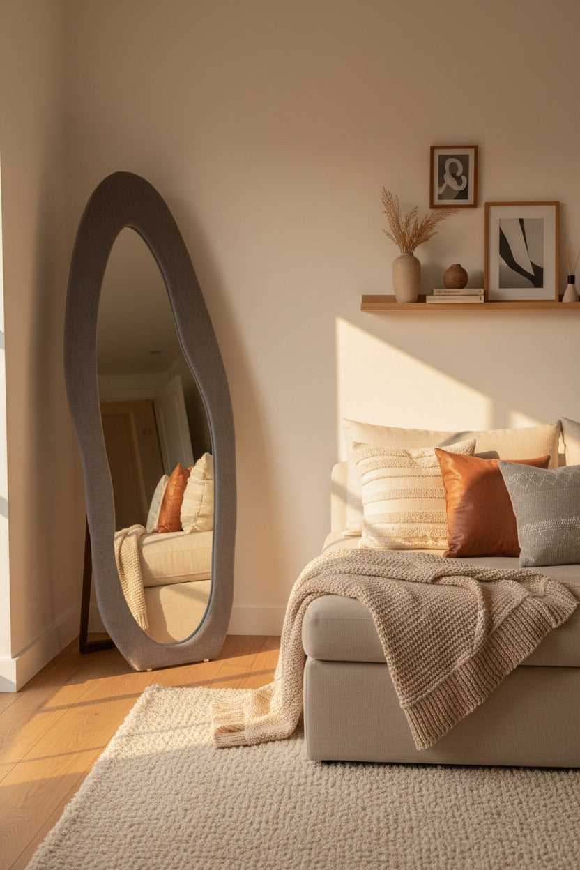 Asymmetric Bouclé Fabric Mirror – Organic Wave Shape