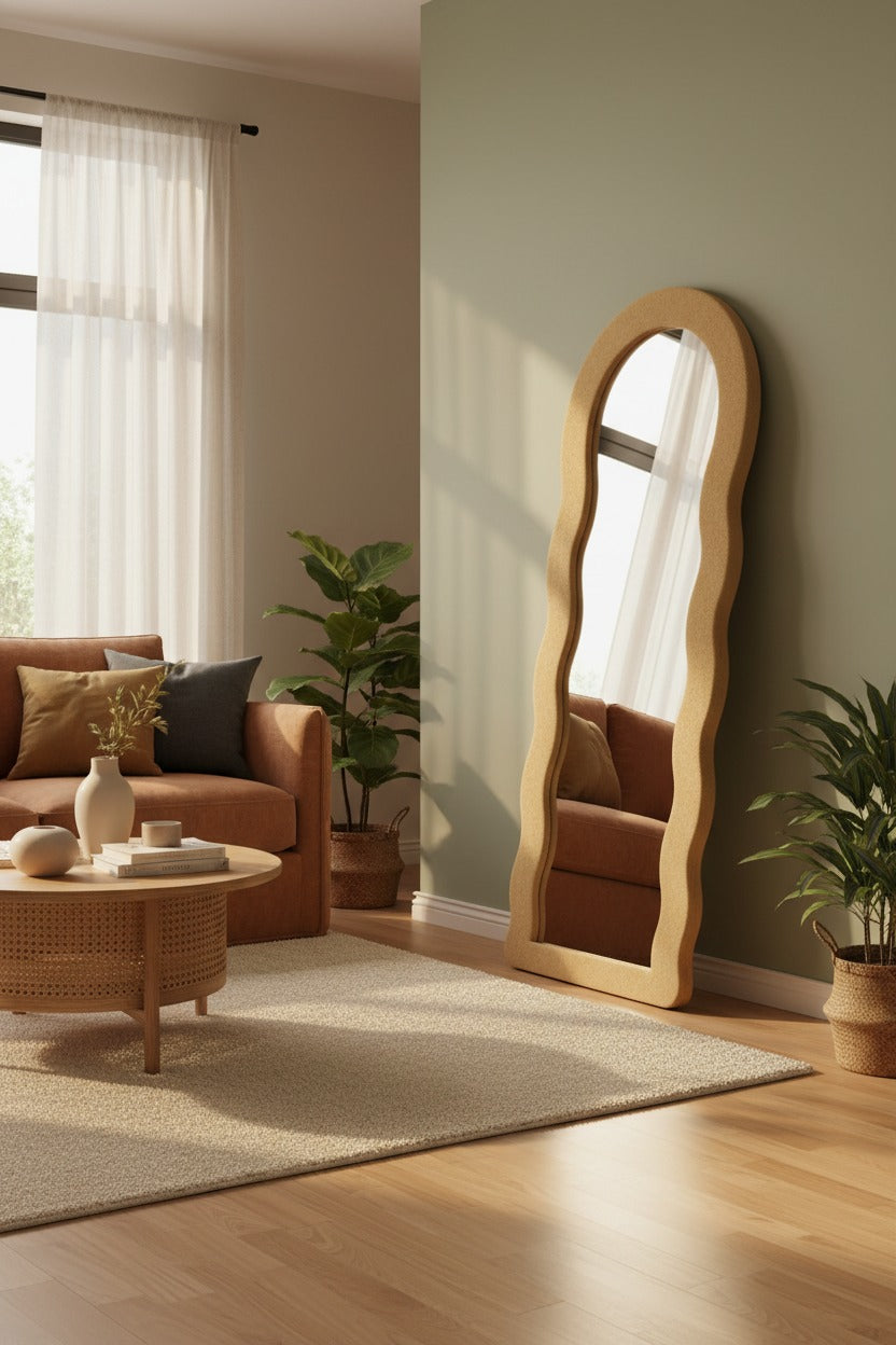 Round Wave Bouclé Fabric Mirror – Full Length Standing Mirror