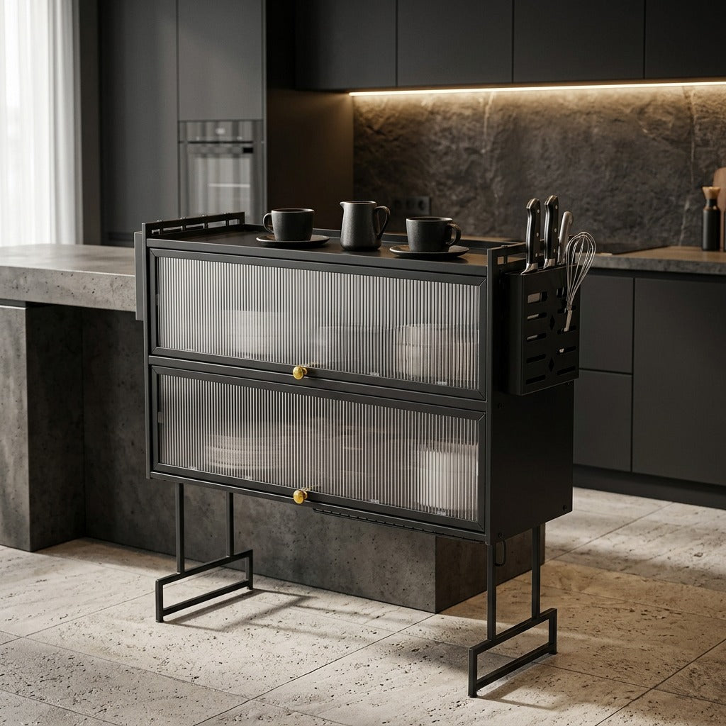 1- 2 Tier: Countertop Dish Drying Cabinet with Fluted Glass Door, Knife Block & Drip Tray – Compact Kitchen Storage Organizer