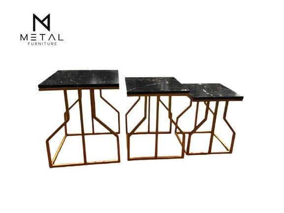 Contemporary Golden Metal Frame Nesting Tables with High-Quality Marble Texture Tops Premium Interior Styling