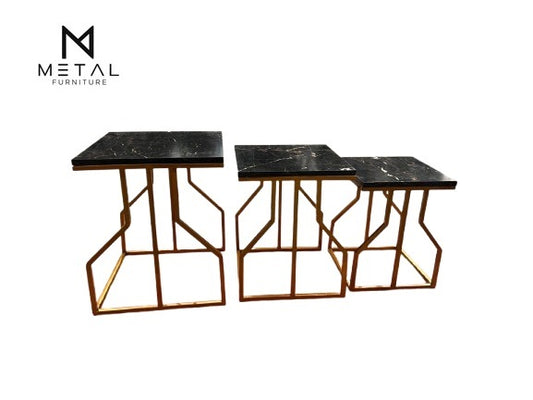 Contemporary Golden Metal Frame Nesting Tables with High-Quality Marble Texture Tops Premium Interior Styling