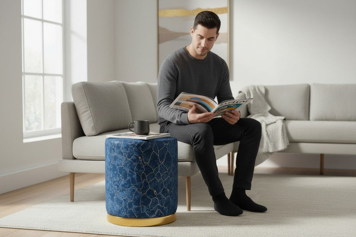 Elegant Blue Cracked Marble Design Upholstered Stool with Golden Ring Base – Premium Accent Seating for Stylish Homes, Offices, Lounges, and Contemporary Interiors