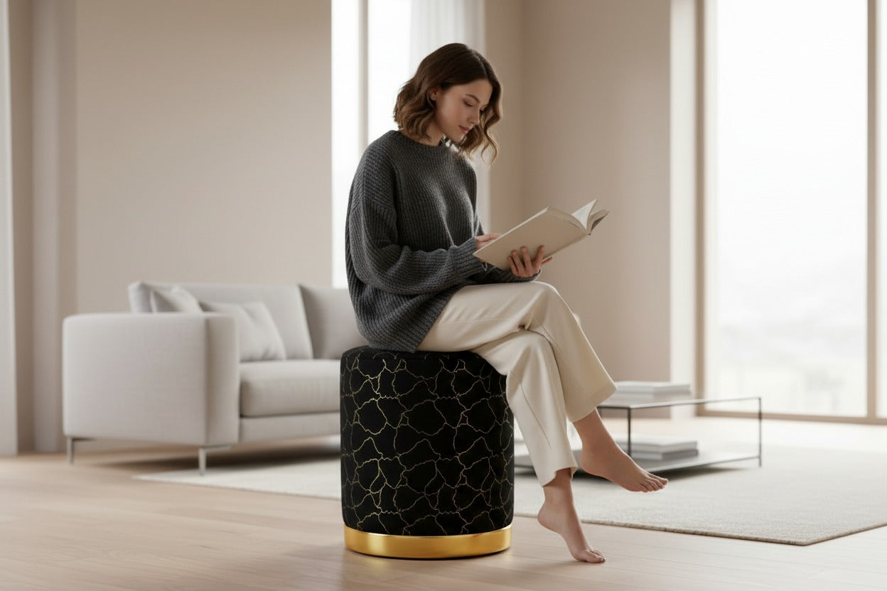 Elegant Blue Cracked Marble Design Upholstered Stool with Golden Ring Base – Premium Accent Seating for Stylish Homes, Offices, Lounges, and Contemporary Interiors