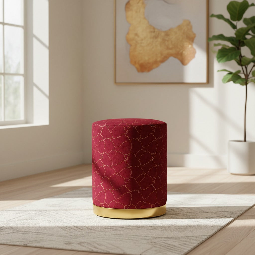 Elegant Blue Cracked Marble Design Upholstered Stool with Golden Ring Base – Premium Accent Seating for Stylish Homes, Offices, Lounges, and Contemporary Interiors