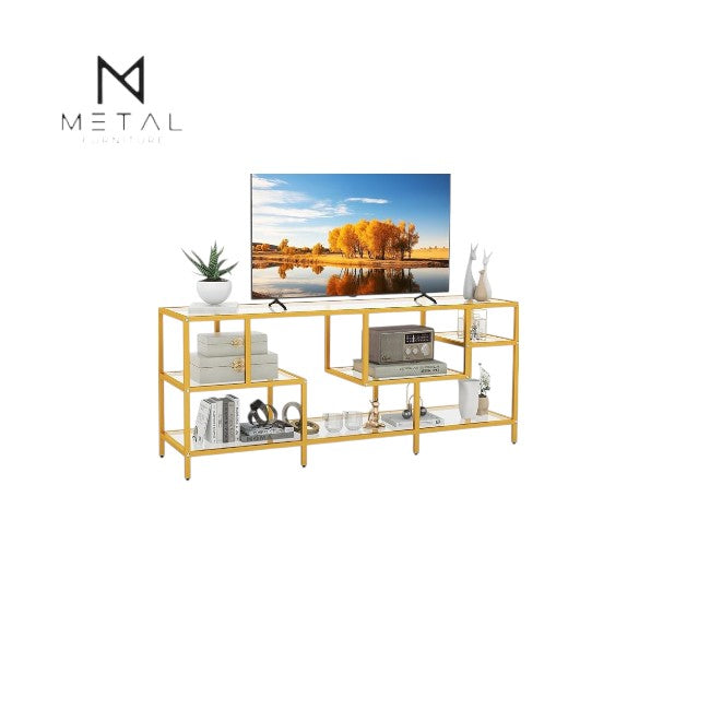 Gold metal TV stand with decorative items on a white background, featuring the brand 'Metal'.