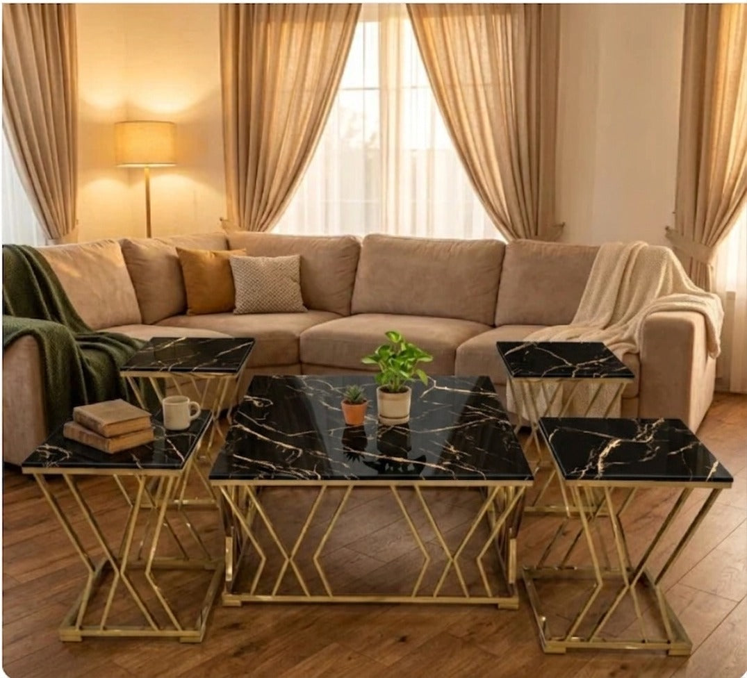 White Wooden Marble Nesting Table Set — Gold X-Frame