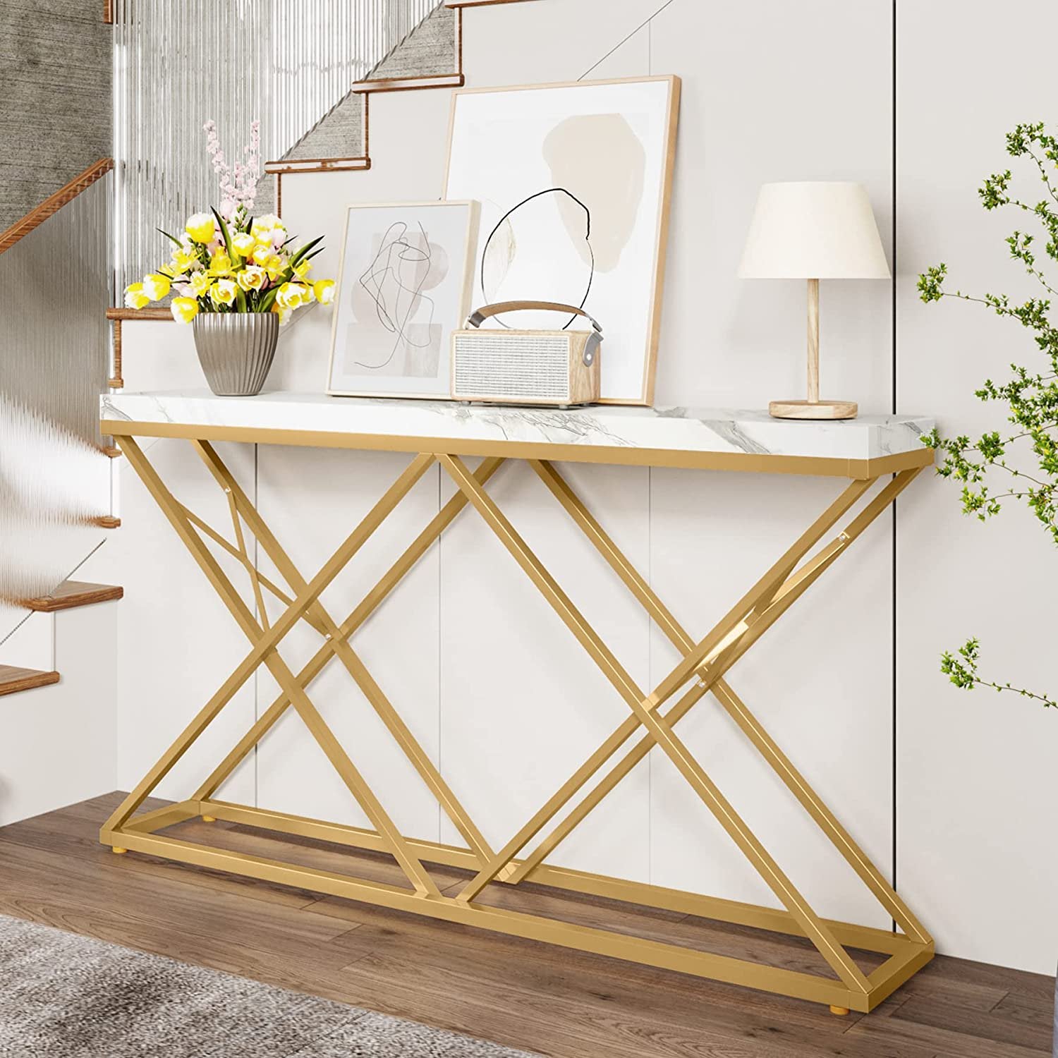 X Model Console Table with Marble Top – Metal Furniture