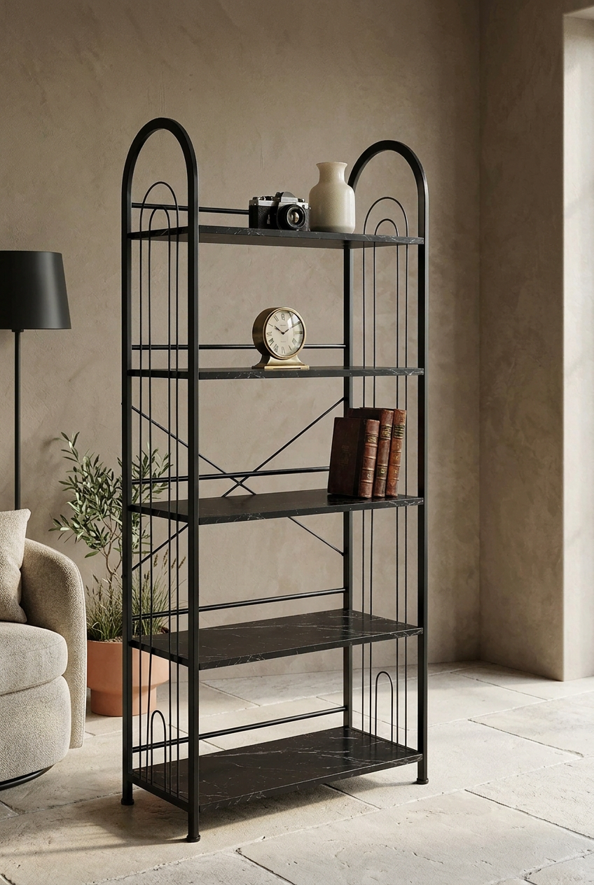 Black marble shelving unit with a contemporary design, featuring multiple tiers for book storage and decorative display.