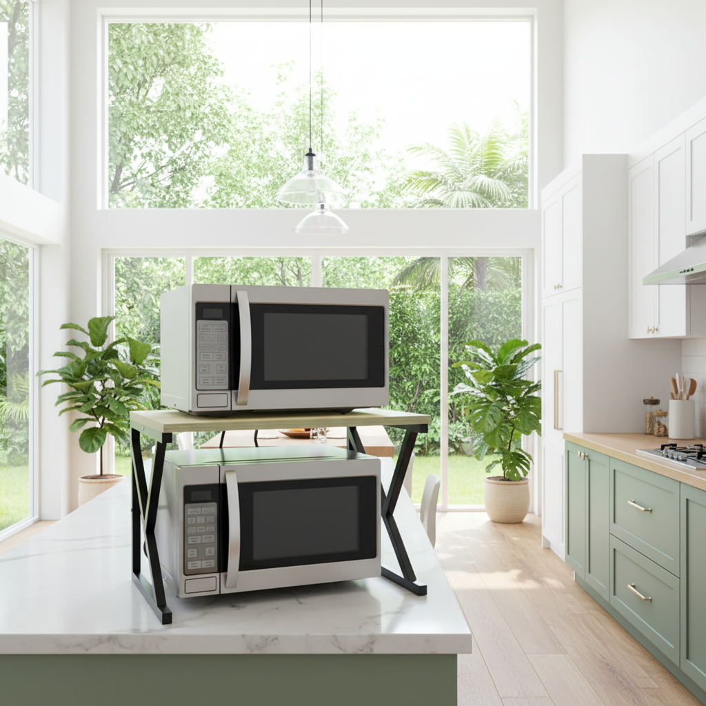 Modern Metal Furniture dual oven storage stand with a sleek, bright contemporary kitchen design and sturdy, stylish oven rack.