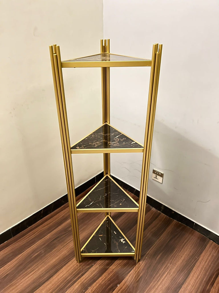 Triangle Shape Display Rack Triangle Shape Corner Rack Gold Paint Finish – Metal Furniture