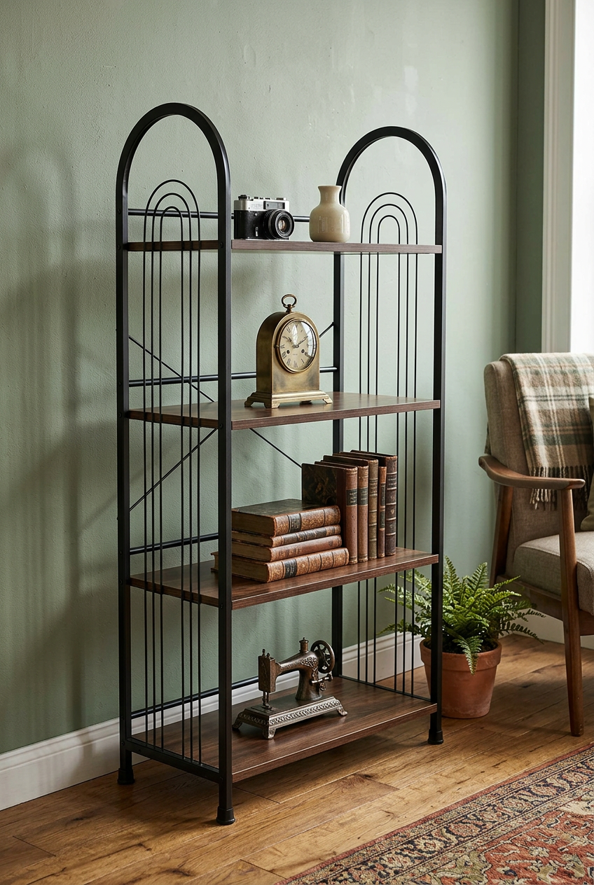A tall black metal and wood bookcase with arched top details, styled with books, a clock, and decorative objects in a room with a sage green wall and wood floor.
