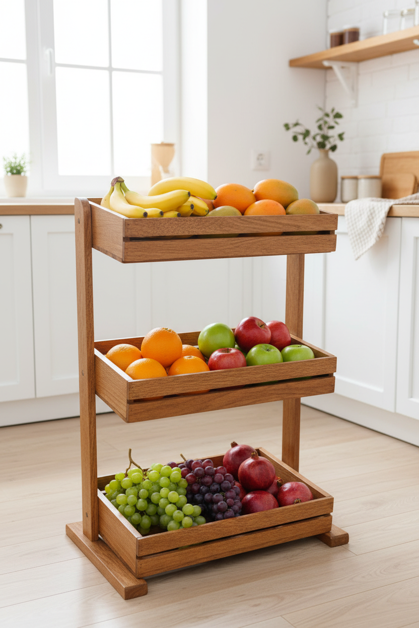 Rustic wooden 3-layer kitchen rack by Metal Furniture for storing fruits, snacks, vegetables, and kitchen essentials.