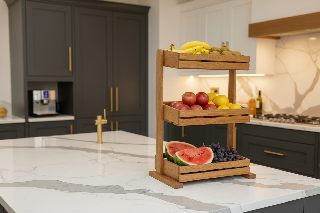 Rustic wooden 3-layer kitchen rack by Metal Furniture for storing fruits, snacks, vegetables, and kitchen essentials.