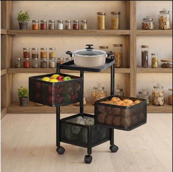Metal Furniture 3-tier metal kitchen rack with wheels, featuring square and round baskets for organized storage.