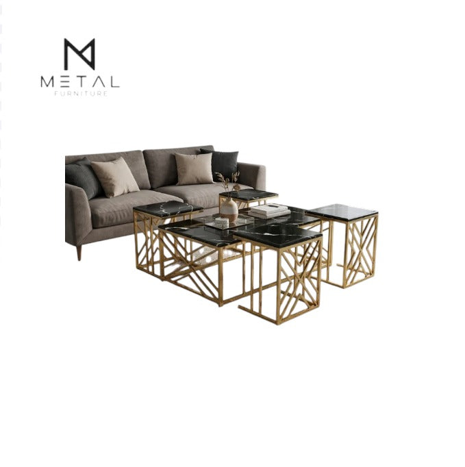Black Wooden Marble texture Nesting Table Set — Gold Metal Frame