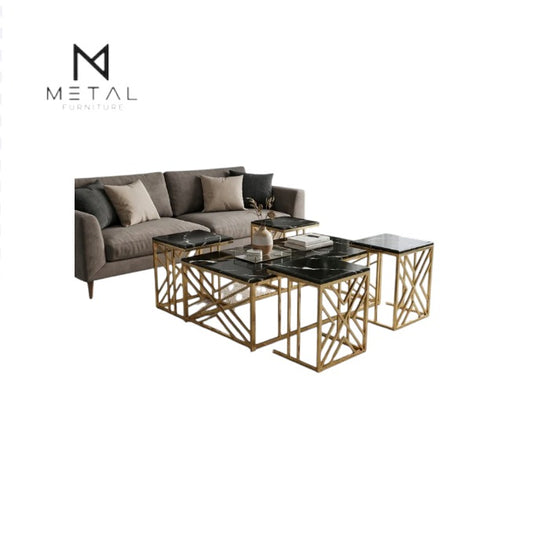 Black wooden marble texture nesting center tables with gold metal frames, stylish Metal Furniture living room accent pieces.