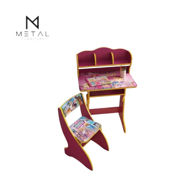 A children's desk and chair set by Metal Furniture, featuring a burgundy and gold color scheme with colorful cartoon graphics on the desk surface and chair backrests, shown on a plain white background.