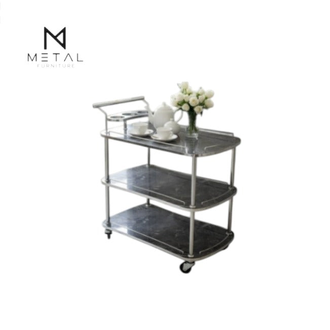 UV Sheet Tea Trolley | 3-Tier Marble & Steel Serving Cart